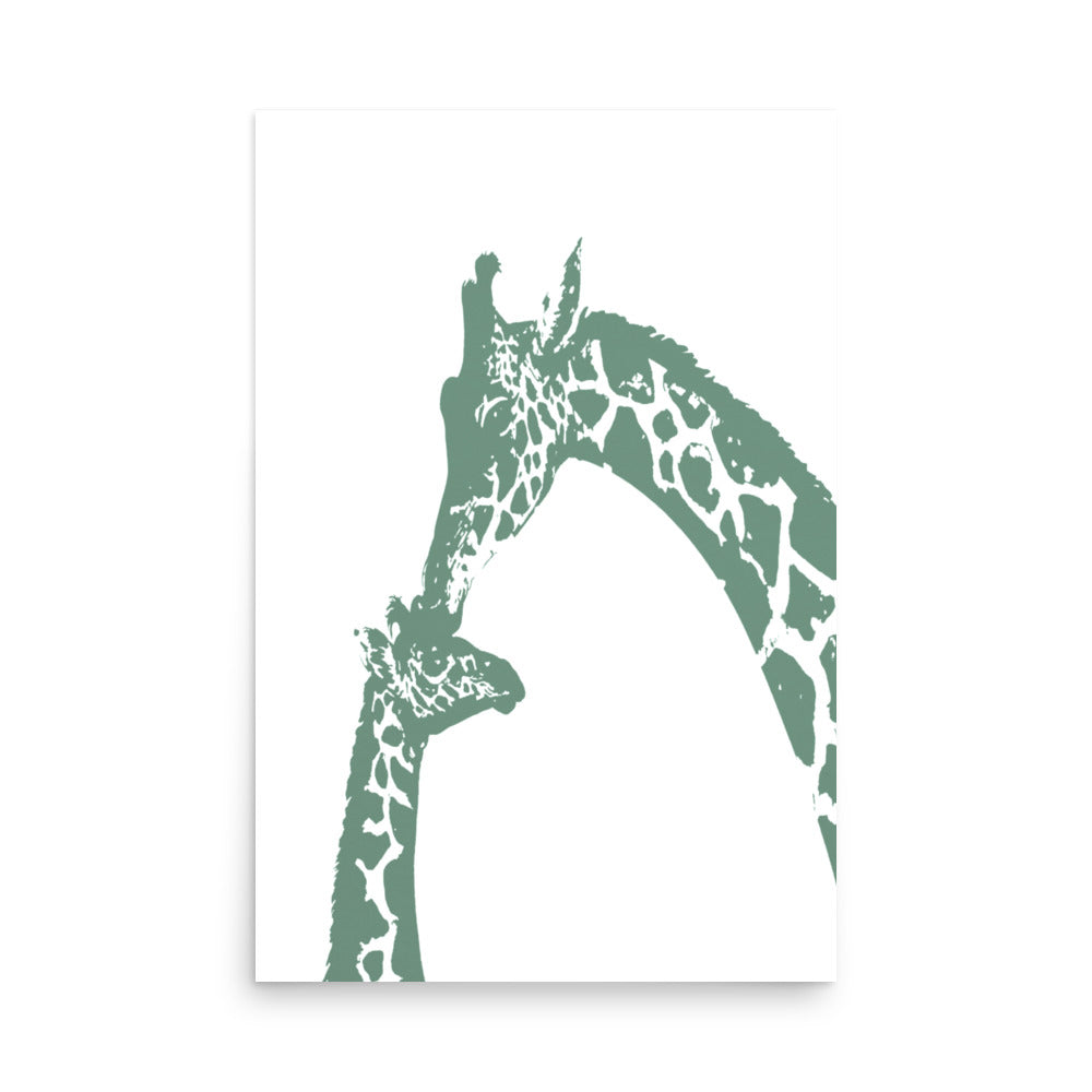 Green giraffe kiss nursery wall art, mommy and baby giraffe- Framed or Unframed