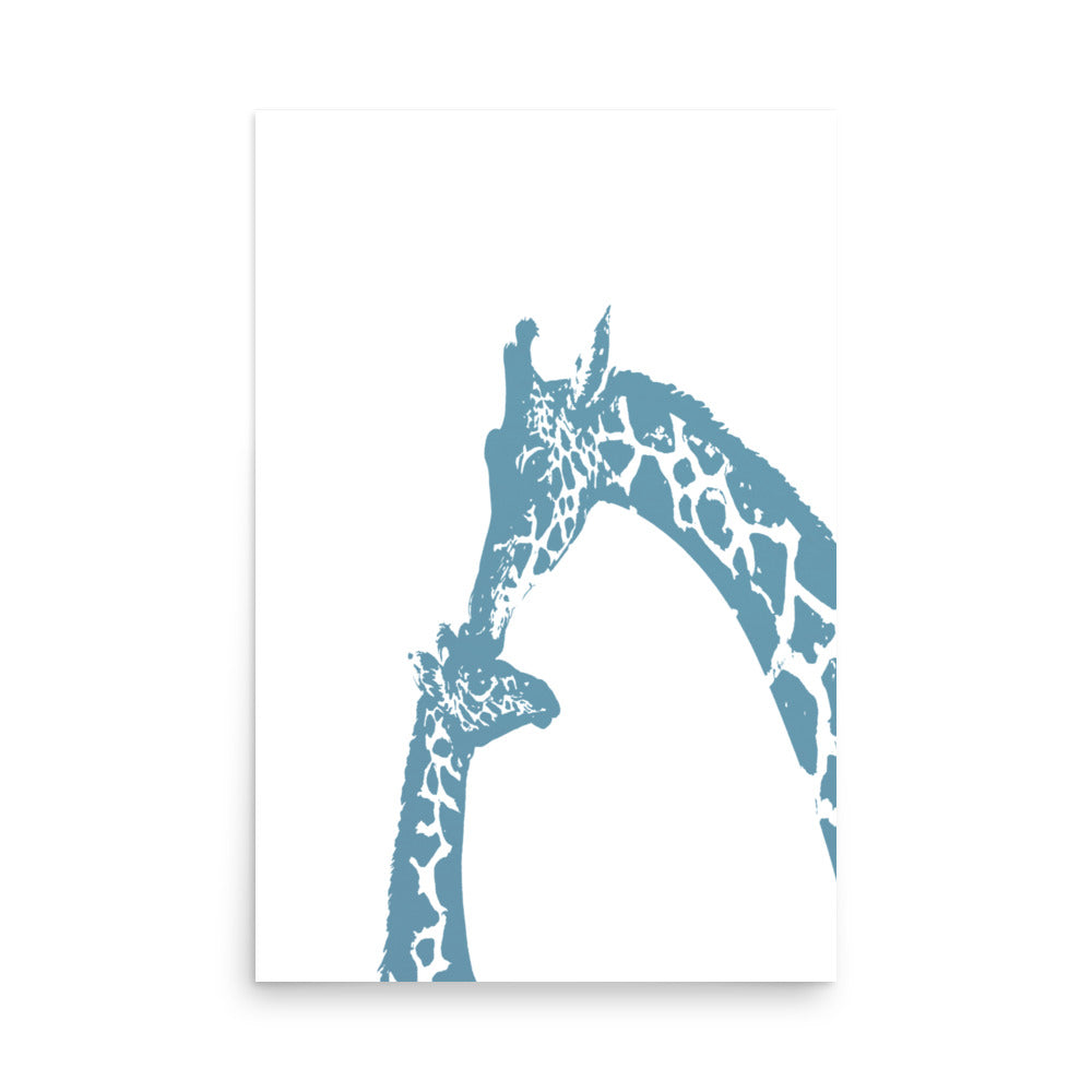 Blue giraffe kiss nursery wall art, mommy and baby giraffe-  Framed or Unframed