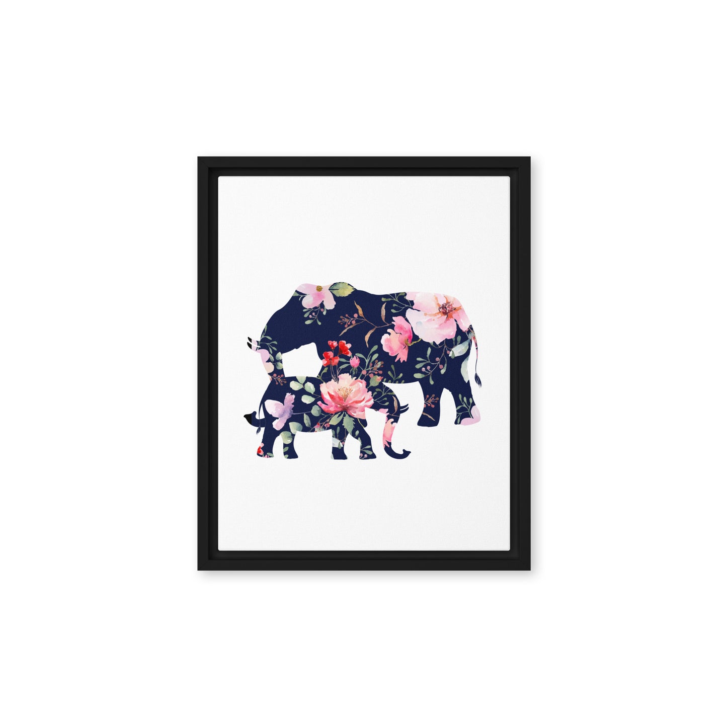 Floral elephant and cub silhouette framed canvas