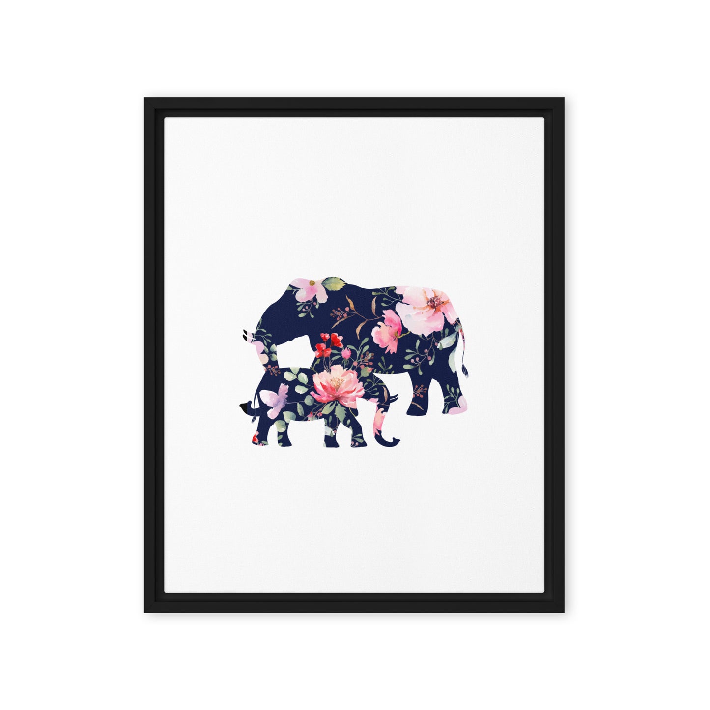 Floral elephant and cub silhouette framed canvas