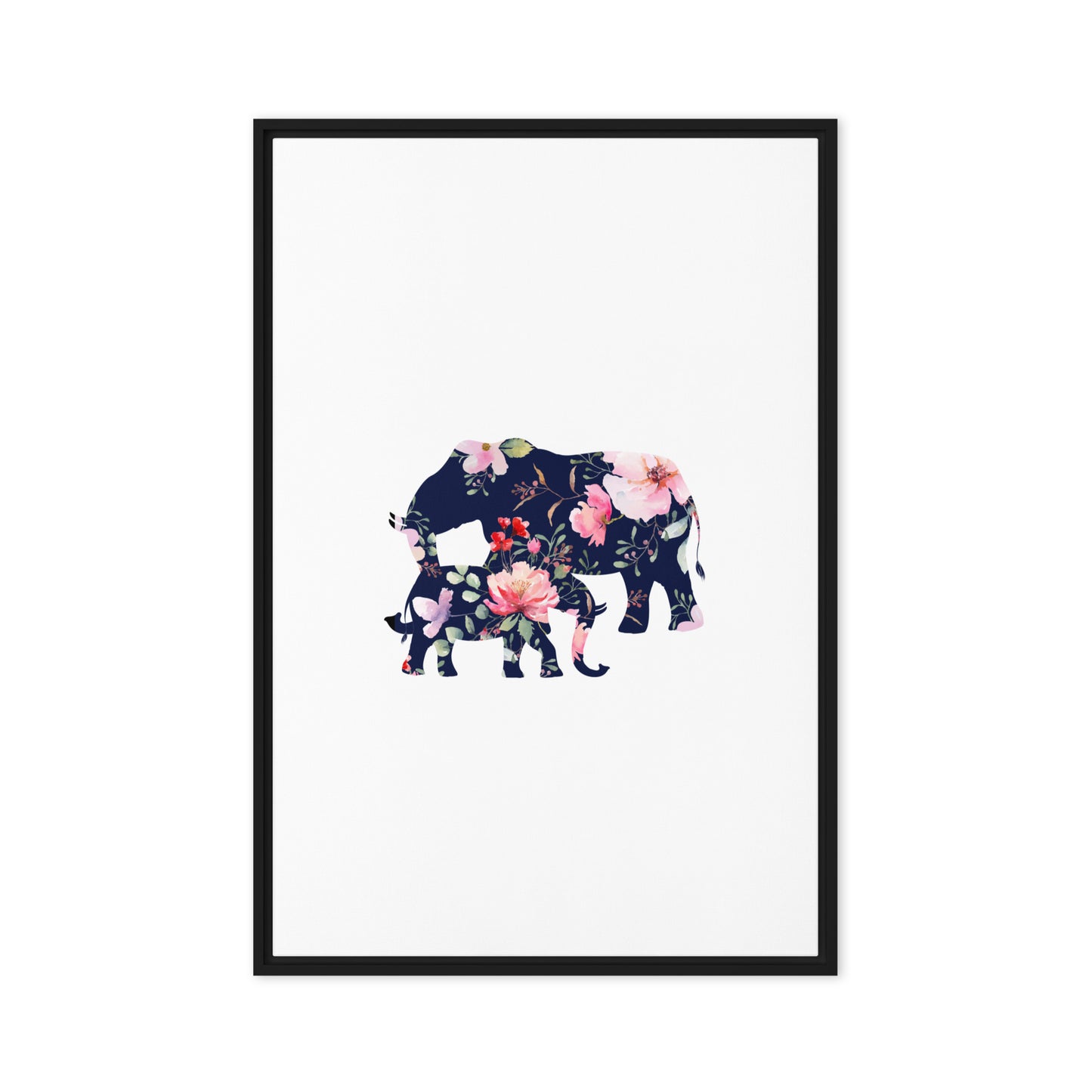 Floral elephant and cub silhouette framed canvas