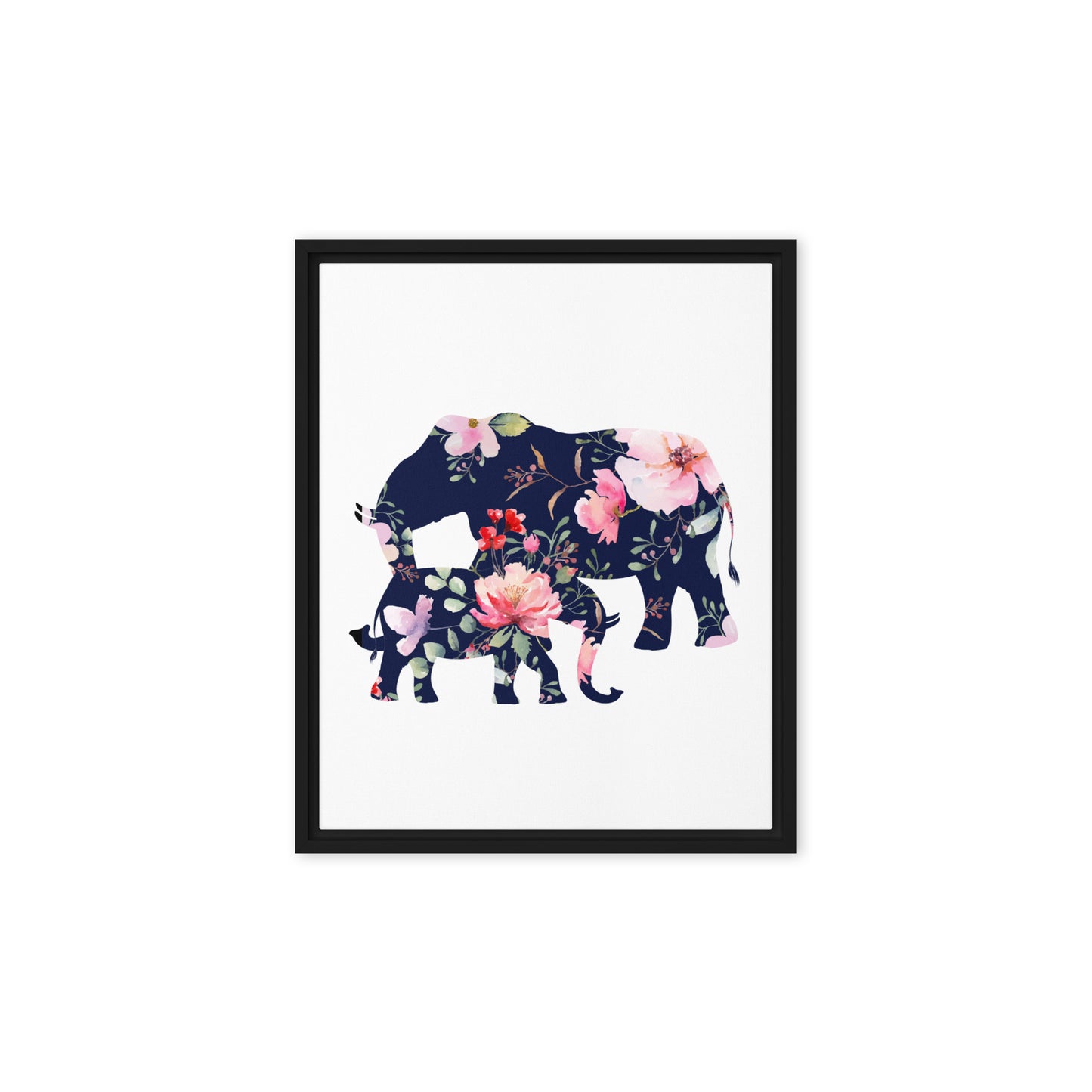 Floral elephant and cub silhouette framed canvas