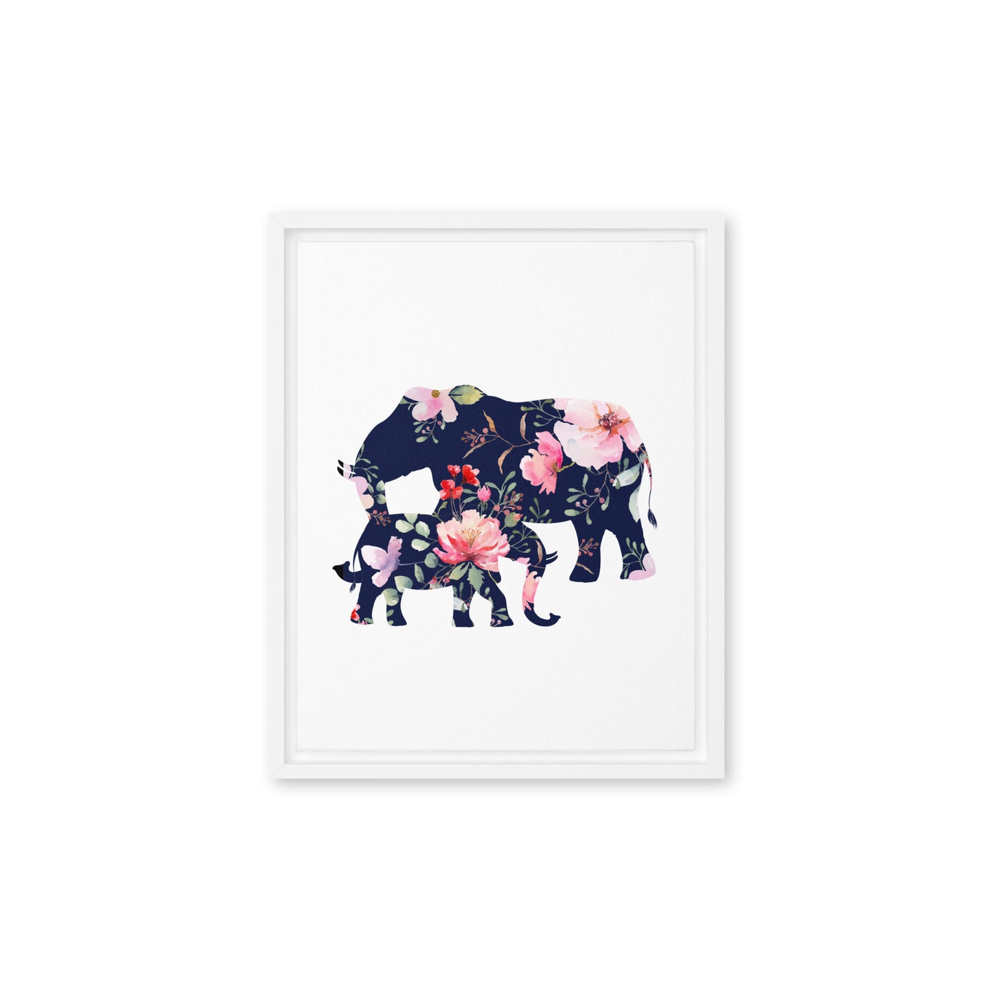 Floral elephant and cub silhouette framed canvas