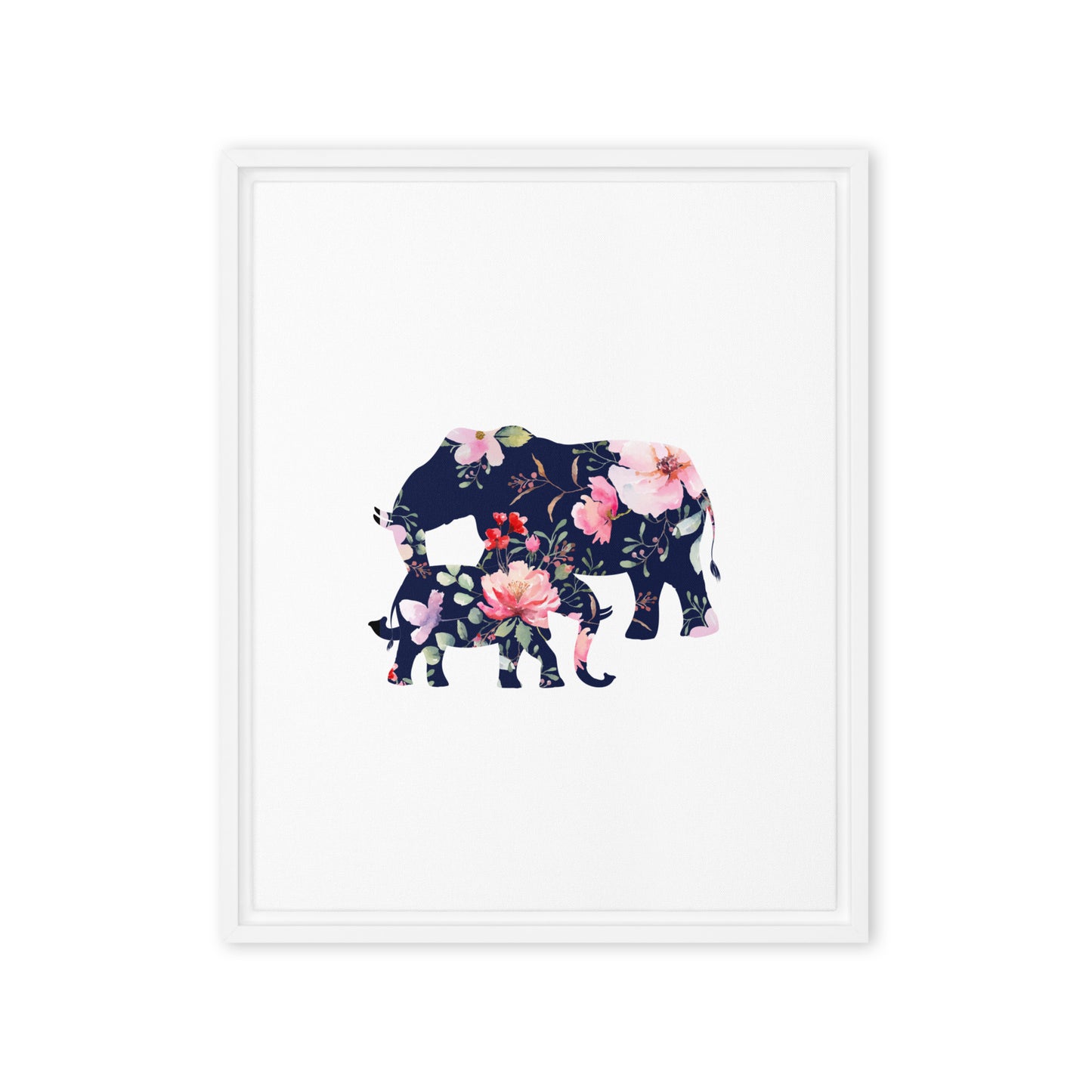 Floral elephant and cub silhouette framed canvas