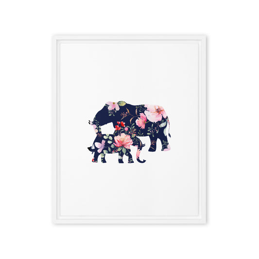 Floral elephant and cub silhouette framed canvas