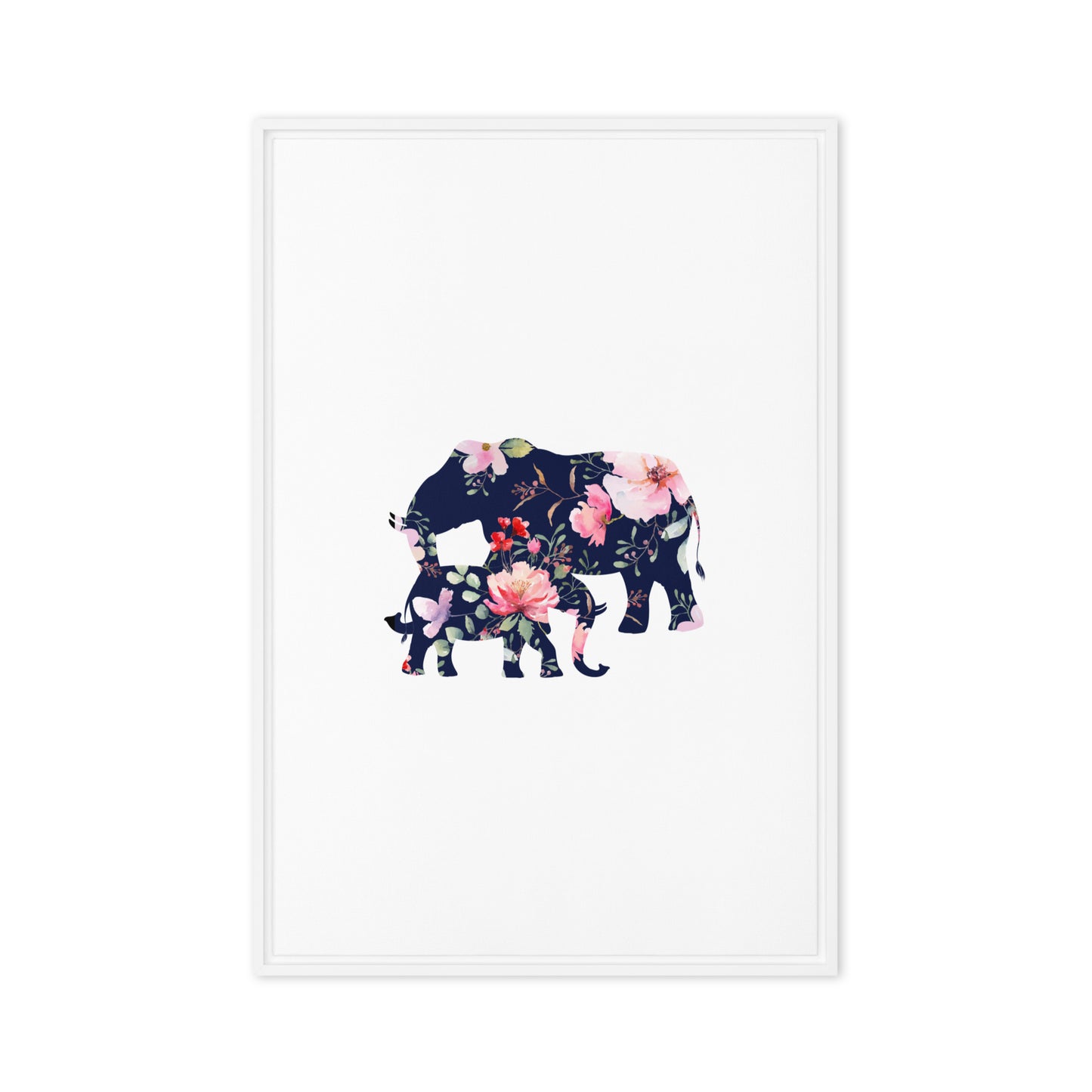 Floral elephant and cub silhouette framed canvas