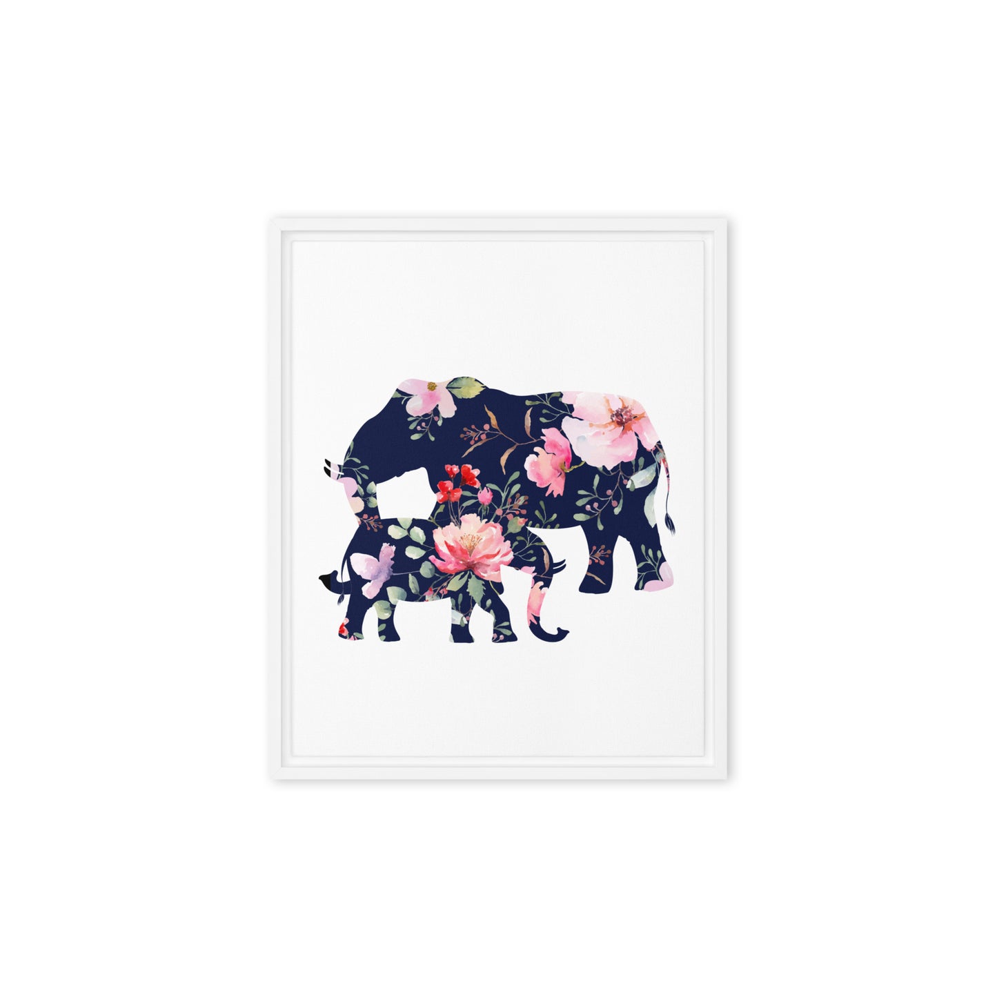 Floral elephant and cub silhouette framed canvas