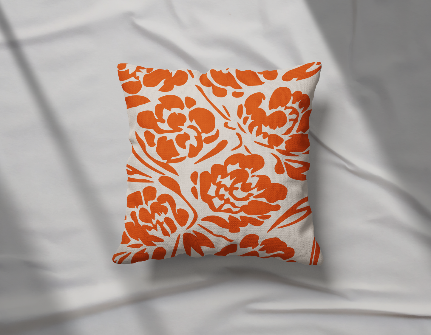 Vivid Orange Botanical Linocut Floral Pillow - Soft or Linen