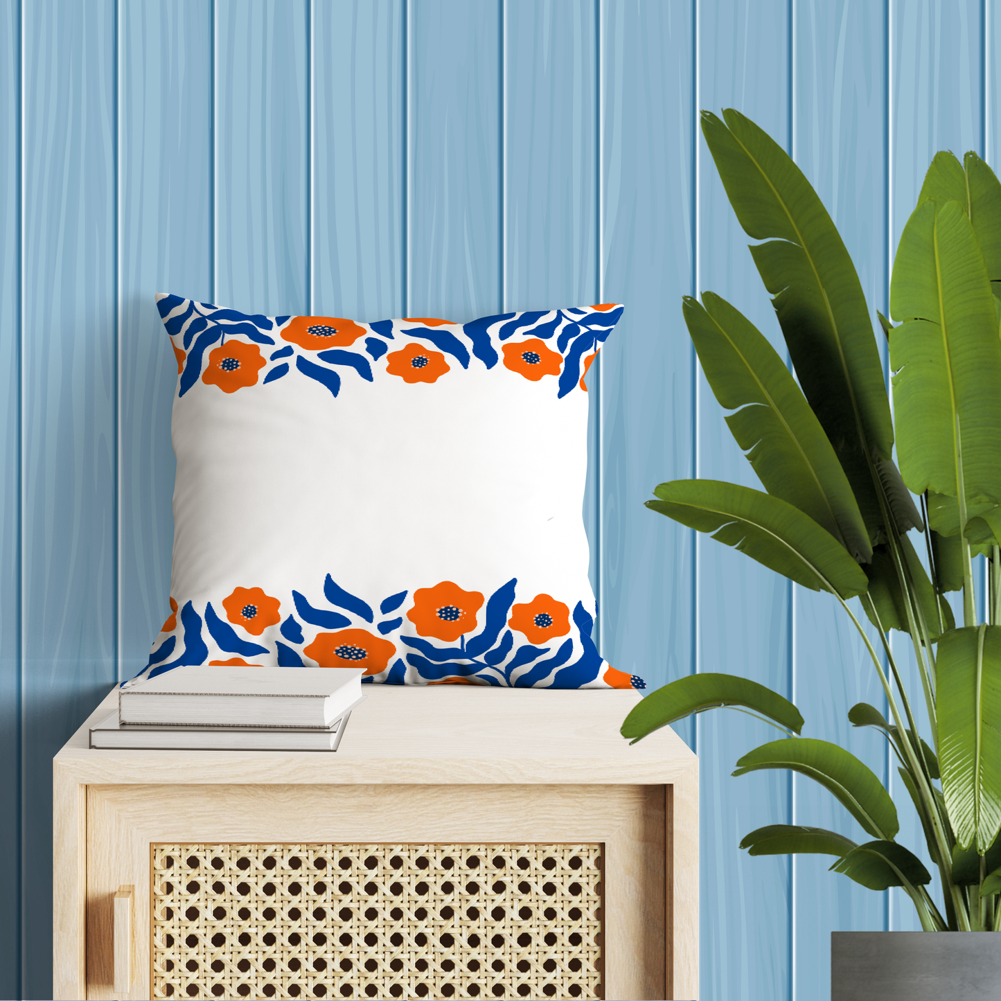 Flower Burst Blue-Orange-White Pillow- Soft or Linen