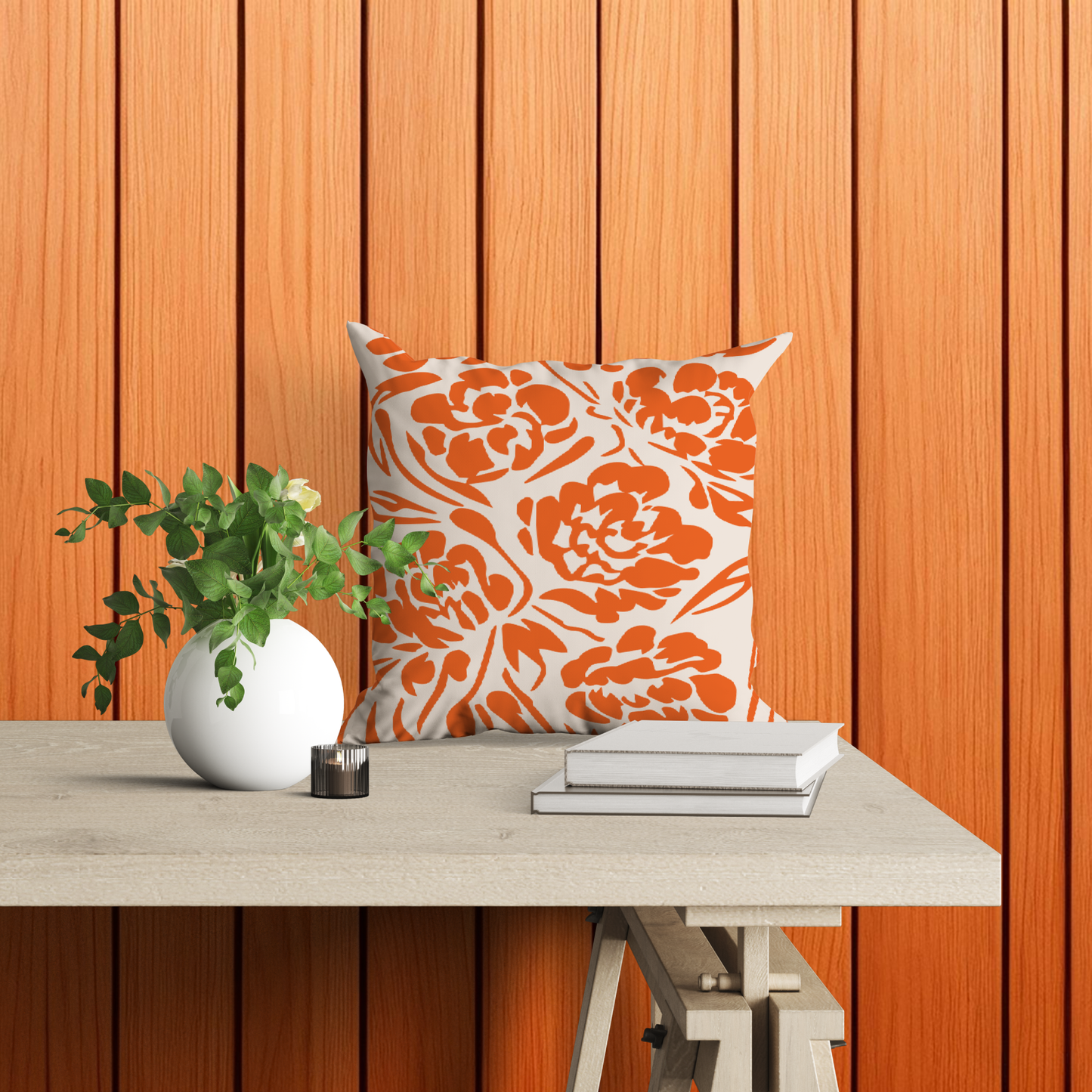 Vivid Orange Botanical Linocut Floral Pillow - Soft or Linen