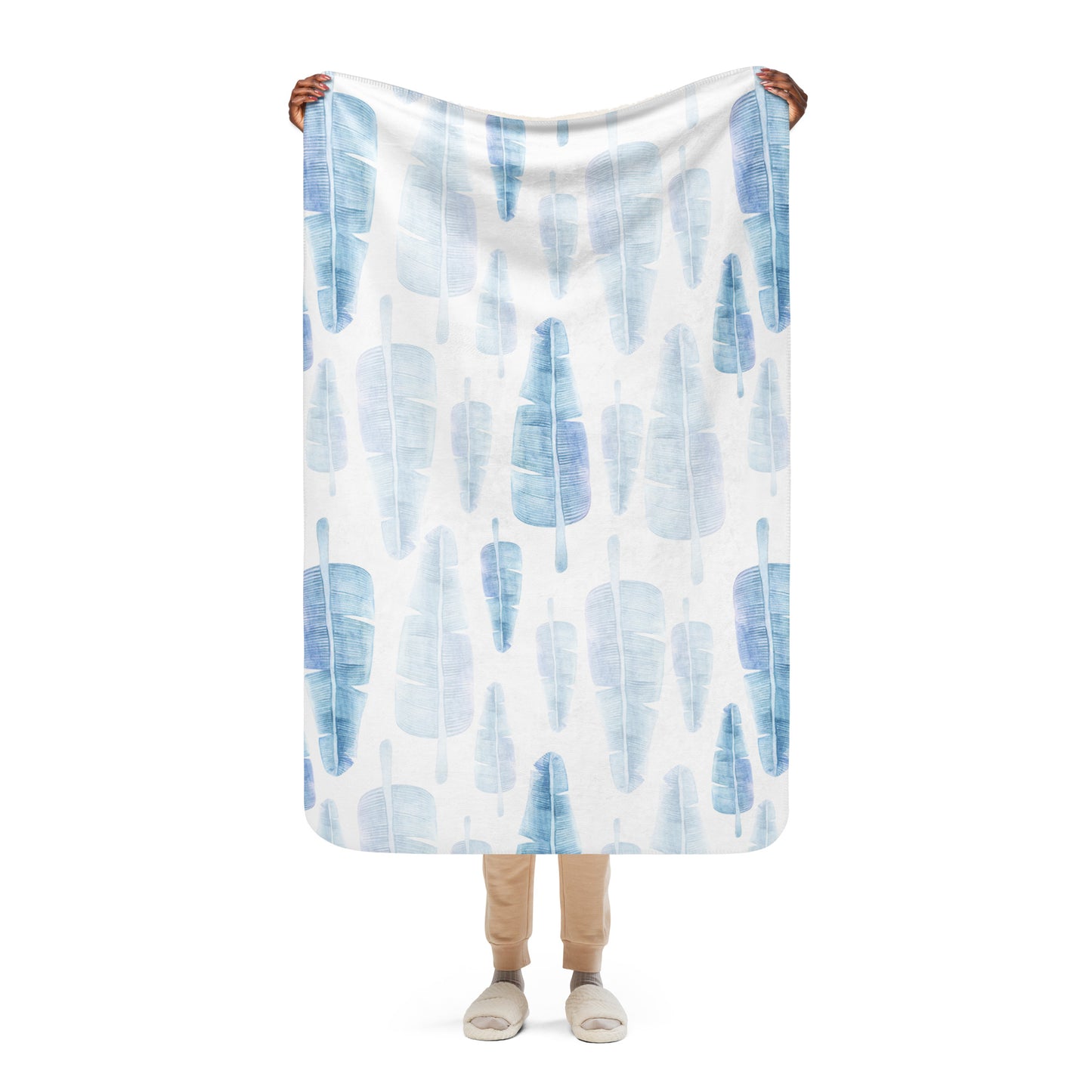 Blue tropical leaves sherpa blanket