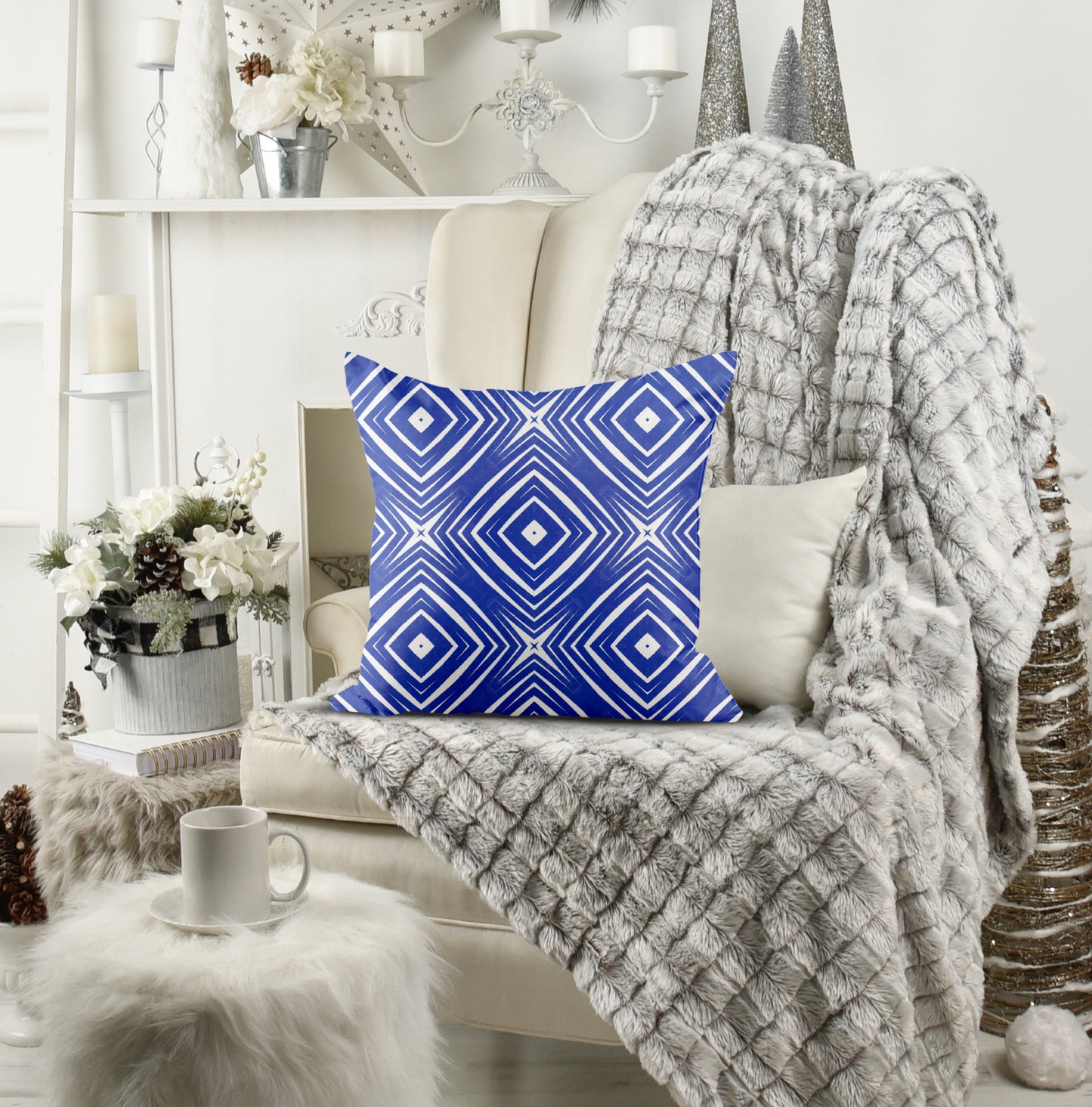 Vivid blue and white pillow- chevron pattern- Soft Or Linen