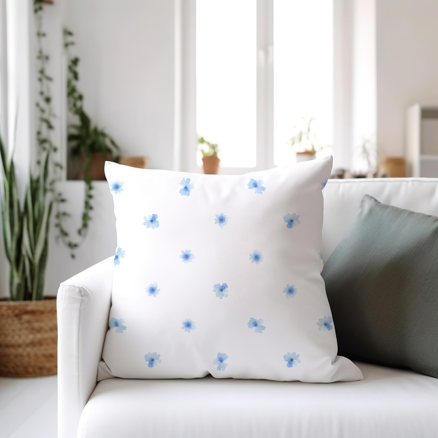 Pastel Blue Floral Pillow- Soft or Linen