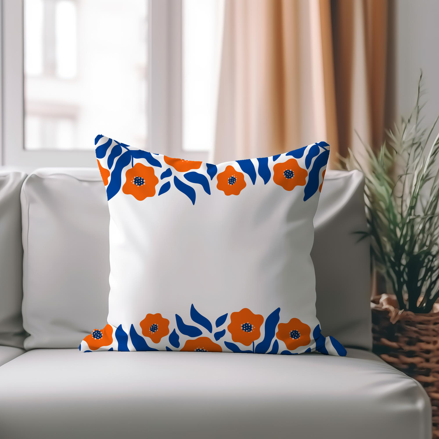 Flower Burst Blue-Orange-White Pillow- Soft or Linen